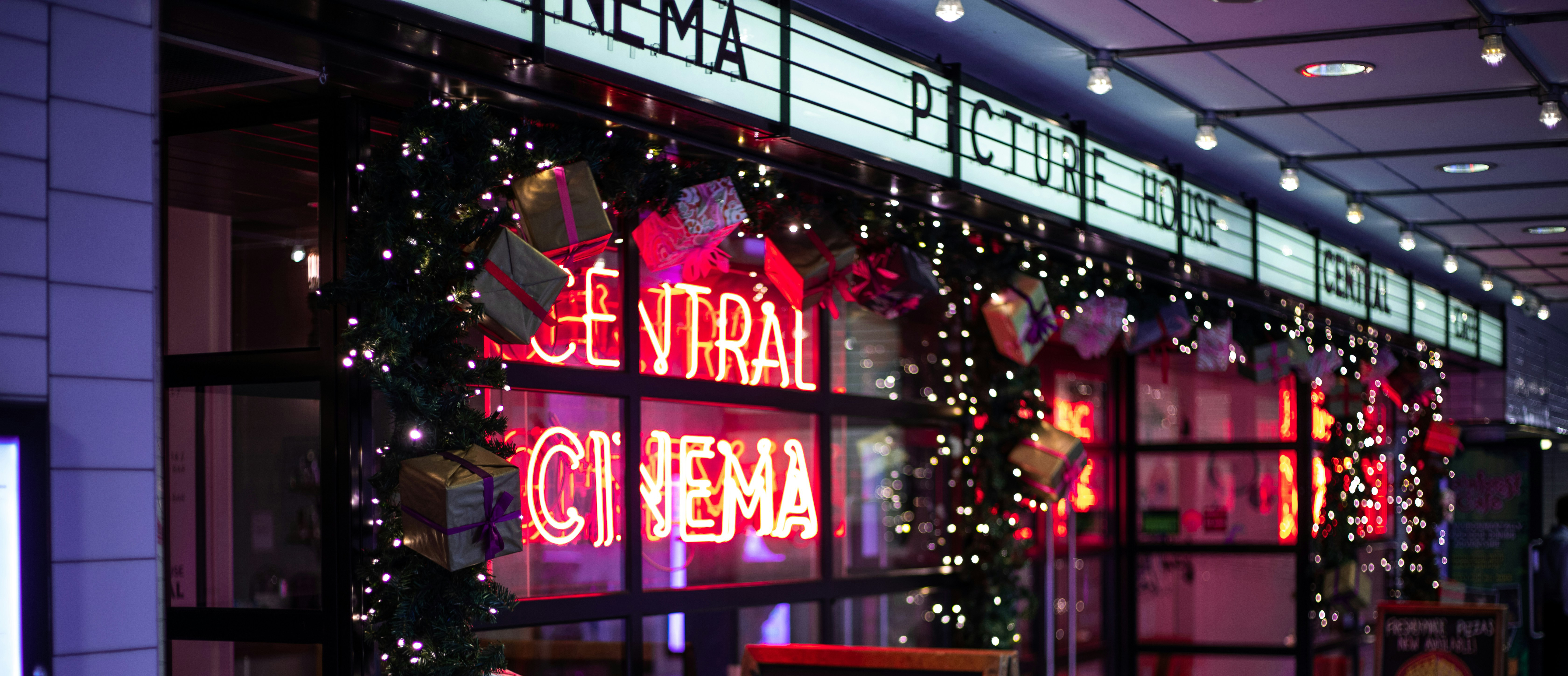 London cinema with Christmas lights